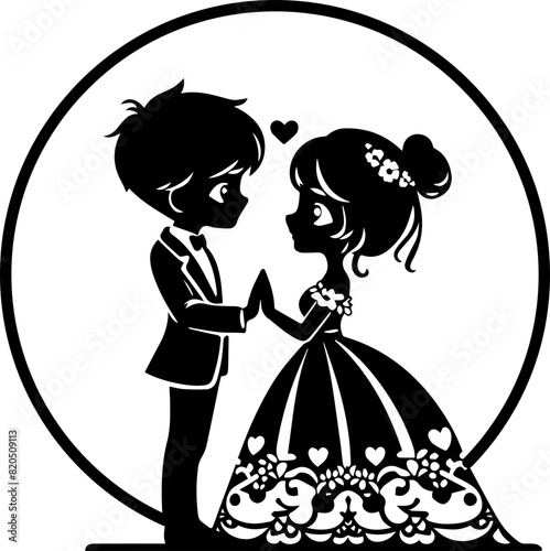 Elegant black and white silhouette of a bride and groom holding hands, adorned with floral and heart designs, in a circular frame.

