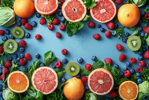 Fruits and vegetables on blue background. Created with Ai