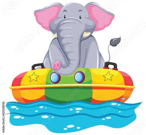 Cartoon elephant on a colorful inflatable boat