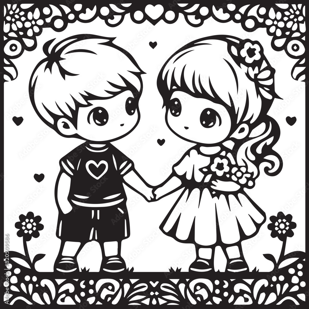 Black and white silhouette of two children holding hands, depicting young love with a charming and innocent feel.
Black and white silhouette of two children holding hands, depicting young love with a charming and innocent feel.