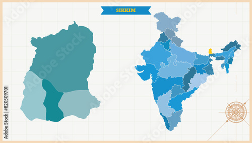 A Map highlighting Sikkim in the India Map, Sikkim and India modern map with Colorful Hi detailed Vector, geographical borders