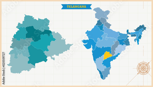 A Map highlighting Telangana in the India Map, Telangana and India modern map with Colorful Hi detailed Vector, geographical borders