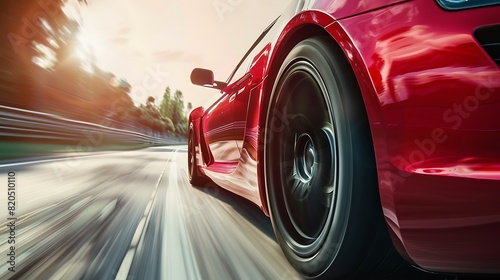 Crimson red sports car speeding down an open road.