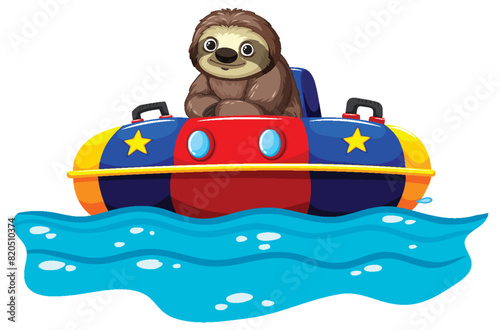 Cartoon sloth in a colorful bumper boat