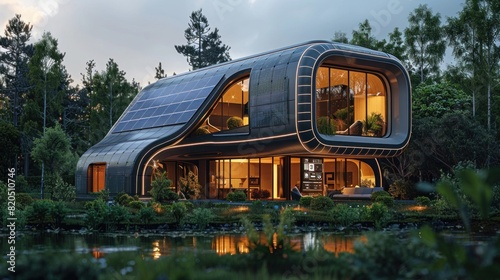 High-detail scene of a robot efficiently installing curved solar tile panels on an energy-efficient home roof
