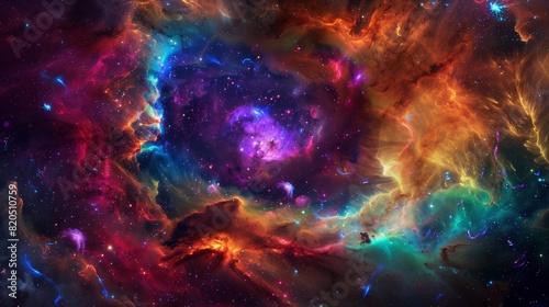 : A neon nebula swirling in the depths of space, its vibrant colors illuminating the cosmic void.