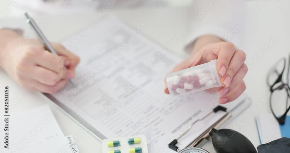 Doctor holding a bottle of pills and writing a prescription Doctor holding a bottle of pills and writing a prescription