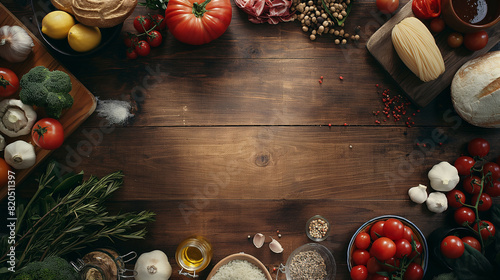 Fresh Vegetables, Herbs, and Spices Arranged on Rustic Wooden Table for Italian Cooking Preparation