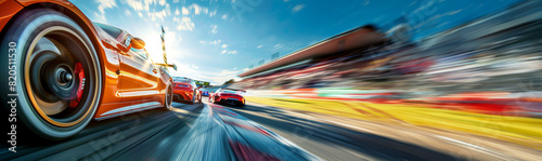 Intense racing competition with luxury sports cars speeding on a sunny racetrack