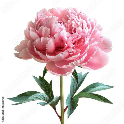 A detailed close-up of a pink peony flower in full bloom  showcasing its lush petals and vibrant green leaves transparent background  PNG