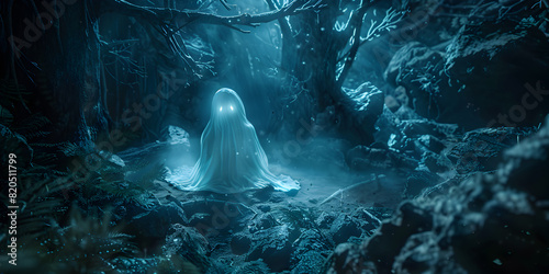 Haunted House with a Ghostly Hologram Projector Creating an Eerie Atmosphere, Paranormal Entity Displayed through Holographic Technology in a Haunted Setting