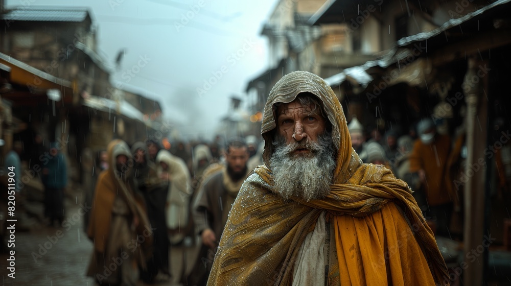 Jewish men in the street. old testament. biblical cinematic scene, background of many people looking up, photorealistic image with natural environment of a very rainy day in jerusalem.