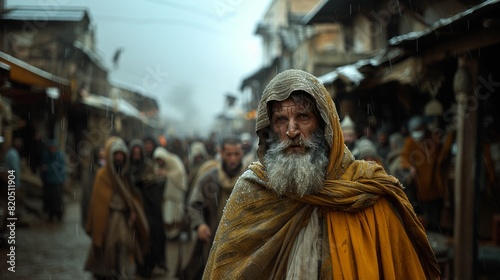 Jewish men in the street. old testament. biblical cinematic scene  background of many people looking up  photorealistic image with natural environment of a very rainy day in jerusalem.