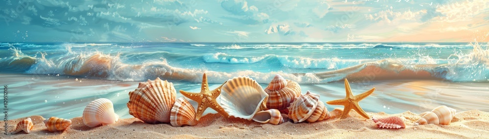 Seashells and starfish on sandy beach with waves and blue sky in background Seashells and starfish on sandy beach with waves and blue sky in background