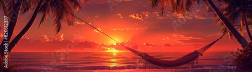 Hammock between palm trees with beautiful orange sunset over ocean