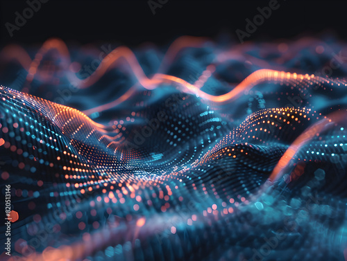 A blue and orange wave pattern with dots. The image is abstract and has a futuristic feel to it