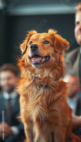A golden retriever sits in a conference room, attentively listening to the discussion.