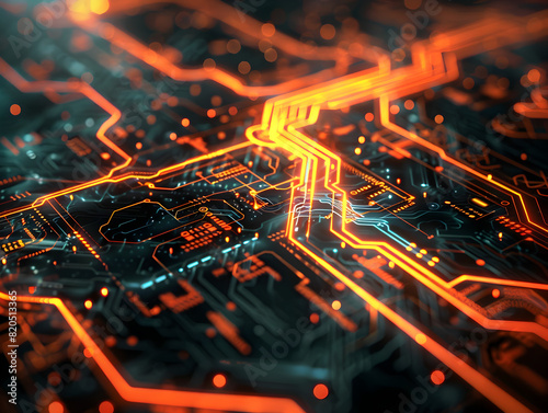 A close up of a circuit board with orange and black lines. Concept of complexity and intricacy, as the lines and shapes are densely packed together
