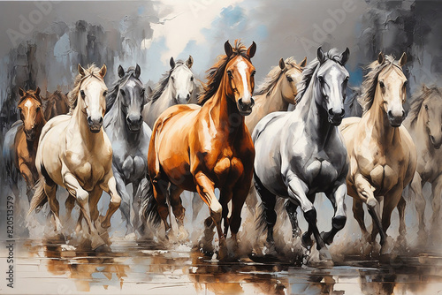 Horses running in the water. Watercolor painting on canvas. © Юлия Васильева