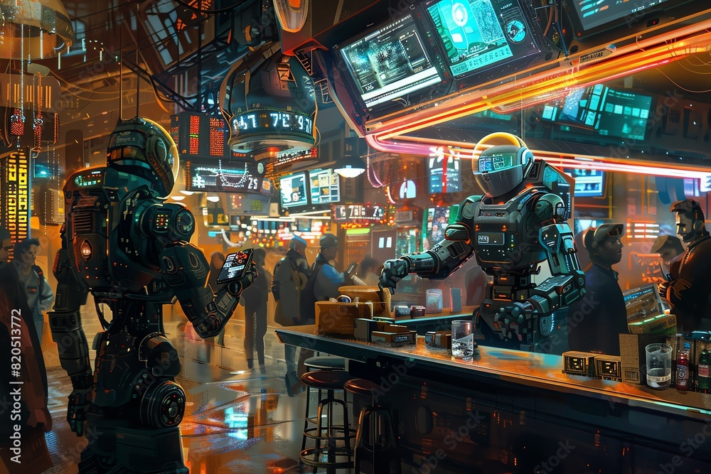Create a digital painting of a cyberpunk bar with neon lights and a retro-futuristic aesthetic Create a digital painting of a cyberpunk bar with neon lights and a retro-futuristic aesthetic