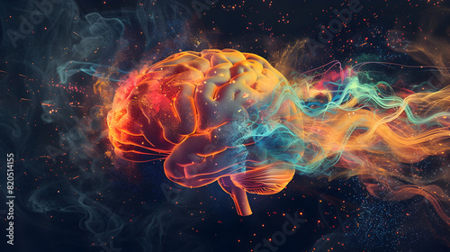 A colorful brain with a stream of smoke coming out of it