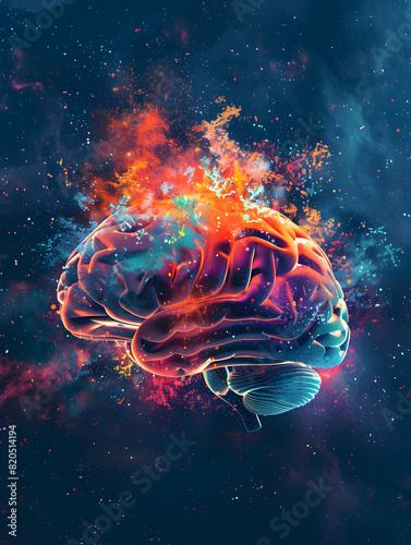 A colorful brain with a lot of fire coming out of it