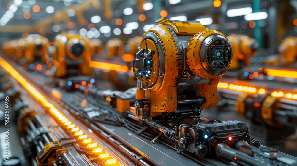 Control unit directs robotic arms in a logistics setting, orchestrating product placement on conveyor belts.generative ai Control unit directs robotic arms in a logistics setting, orchestrating product placement on conveyor belts.generative ai