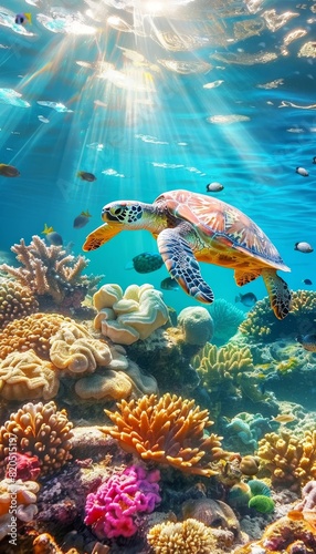 Colorful underwater image capturing diverse marine fauna and a majestic sea turtle in ocean depths