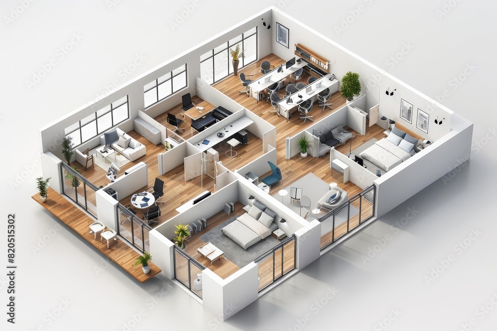 square open layout bim 3d office floor plan isometric view on white background square open layout bim 3d office floor plan isometric view on white background