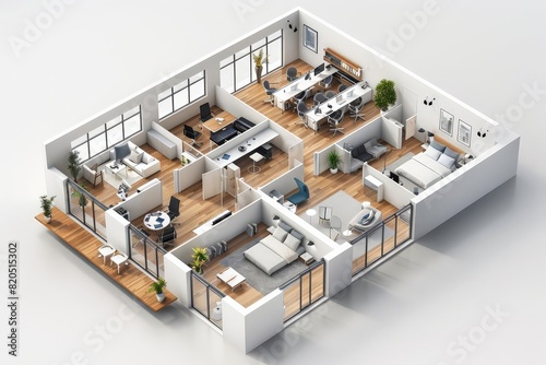 square open layout bim 3d office floor plan isometric view on white background