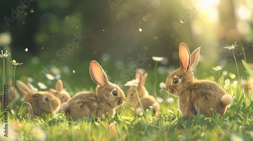 Cute baby bunnies hopping around in a field, their fluffy tails and twitching noses adding to the charm. photo