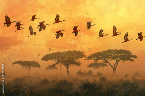 a group of exotic ibises soaring high above a savannah landscape dotted with acacia trees during their annual migration photo