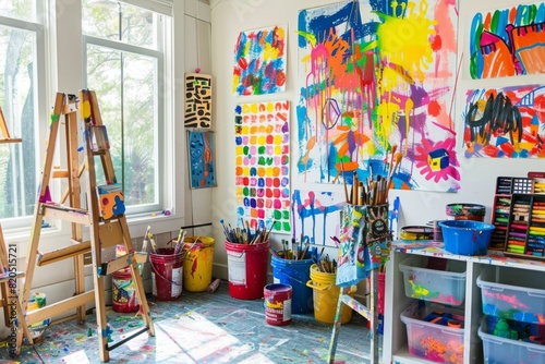 Wallpaper Mural A creative kids' art studio room with easels, colorful paints, and a wall covered in kids' artwork, inspiring creativity and fun Torontodigital.ca