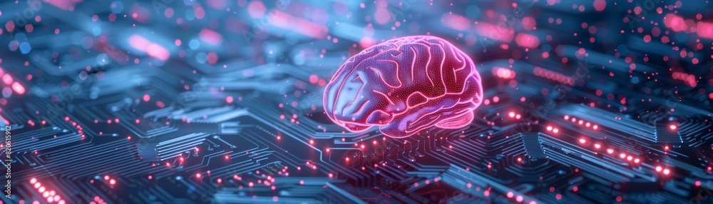 The image shows a glowing pink brain on a circuit board The image shows a glowing pink brain on a circuit board