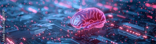 The image shows a glowing pink brain on a circuit board