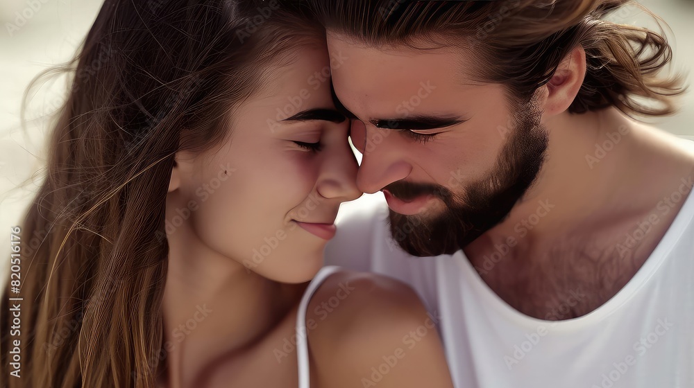 Close-up portrait of a loving couple embracing on the beach. Love's embrace, a sanctuary by the sea. Close-up portrait of a loving couple embracing on the beach. Love's embrace, a sanctuary by the sea.