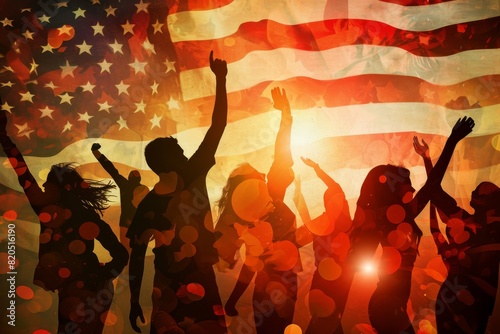 Silhouettes of people dancing on the background of the American flag Guys and girls waving American flags, AI-generated