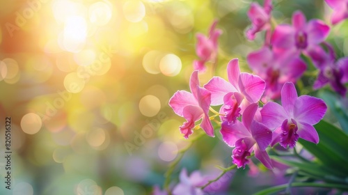 Orchid background, purple dendrobium blooming among bright sunlight, in soft blurred style photo