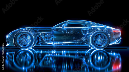 Blue hologram ordinary car, car structure, side view, black background,generative ai