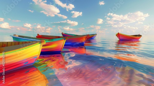 Create a 3D image of a golden beach scene with vibrant, colorful boats, presented in an artistic, bright, and unconventional style