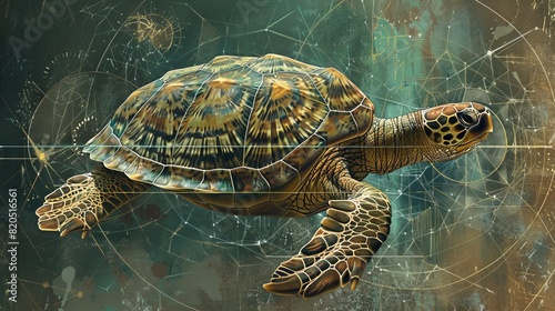 Incorporate the elements of Hieronymus Bosch's style and sacred geometry into an artwork featuring a sea turtle photo