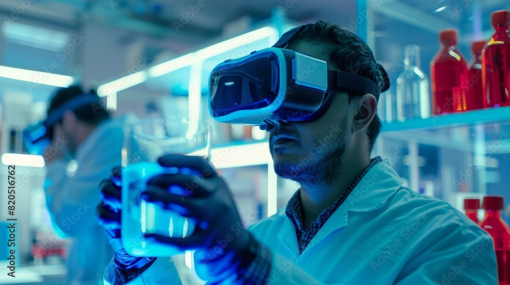Scientist wearing vr glasses working in futuristic modern science lab Scientist wearing vr glasses working in futuristic modern science lab