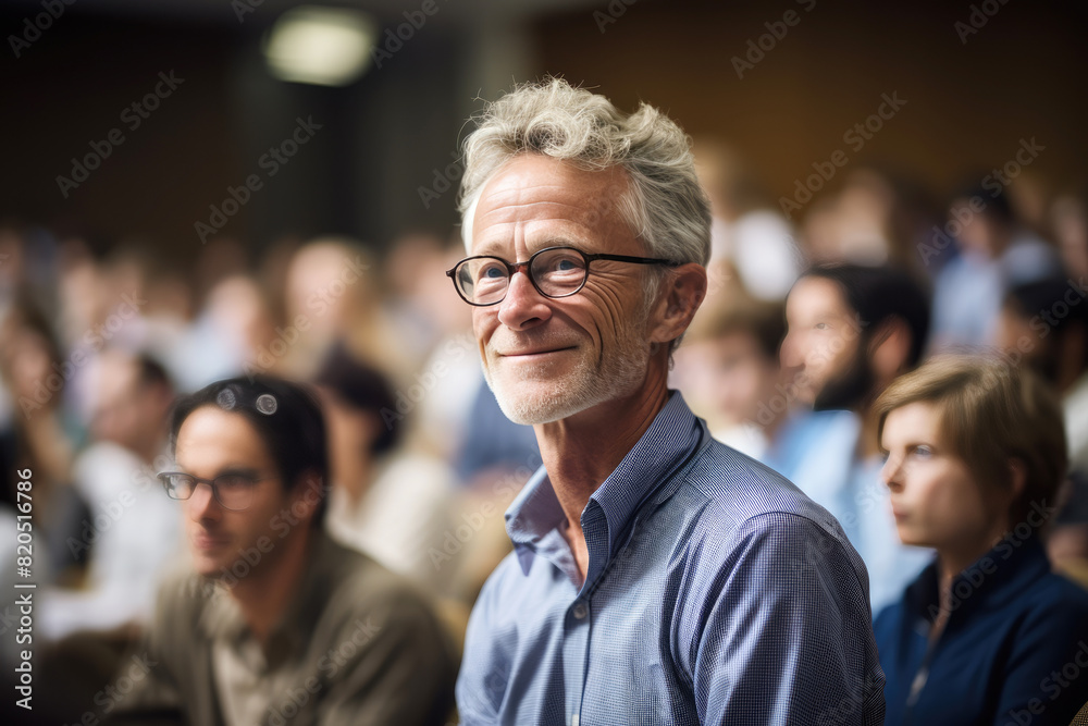 generated illustration senior man sits in a crowded auditorium generated illustration senior man sits in a crowded auditorium