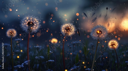 Radiant Easter dandelions releasing glowing seeds that transform into floating orbs of light, creating a magical spectacle at dusk. photo