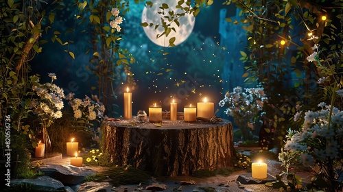 Capture an indoor photo of a beautiful altar arranged on a tree stump, adorned with candles, herbs, and essential oils, set against a nature backdrop at night with a full moon and fireflies. photo