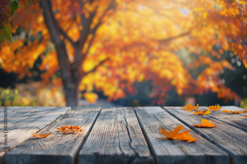 A wooden desk top with blurred background of maple tree with autumn foliage. Good for background A wooden desk top with blurred background of maple tree with autumn foliage. Good for background