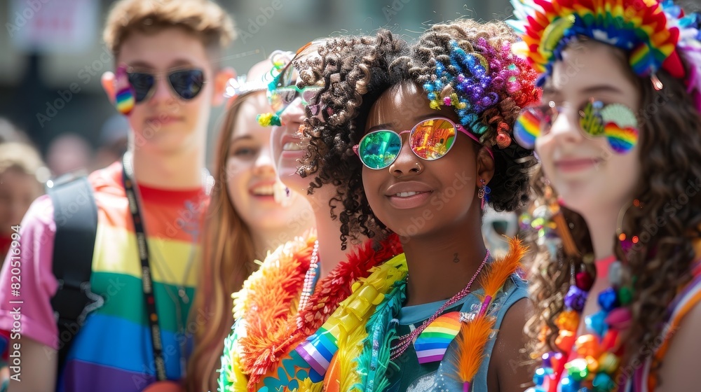 Group of friends with rainbow face paint and sunglasses at an LGBTQ pride parade, celebrating diversity, inclusion, and equality, perfect for social media posts and community-focused campaigns.