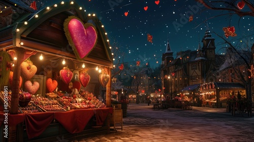 Quaint village square: Romantic market, stalls with heart-shaped trinkets under starlit sky.