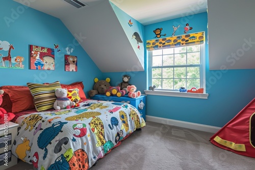 A fun and colorful kids' room with a zoo theme, featuring animal print bedding, zoo animal wall decals, and a toy animal collection photo