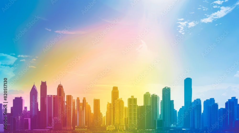 Rainbow over city skyline, ideal for LGBTQ pride events, awareness campaigns, and social media posts celebrating diversity, inclusion, and urban pride